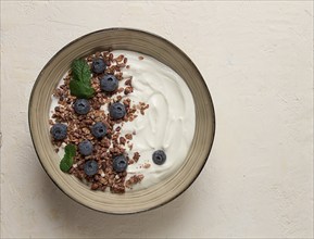 Yogurt with chocolate muesli, with berries, blueberries, breakfast, close-up, fork on top, no