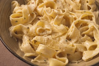 Fettuccine, tagliatelle, in creamy garlic sauce, Italian traditional cuisine, pasta carbonaro