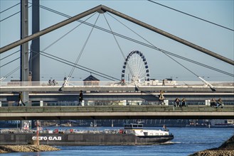 Pedestrian bridge over the Media Harbour, Ferris wheel in the old town, cargo ship on the Rhine,