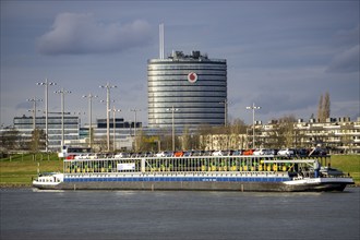 The Rhine at Neuss Vodafone building, cargo ship, vehicle transporter Fuerte, of BLG Autotransport