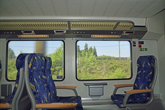 Germany, Lower Saxony, Regional train 31, Passenger compartment, Metronom, View from the window,