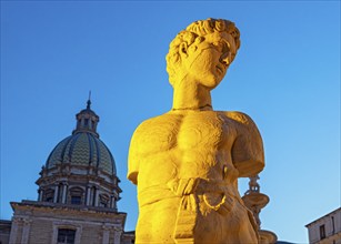 Statue detail by night, Praetorian Fountain or Fontana Pretoria, Palermo, Sicily, Italy, Europe