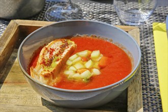 Gazpacho, Spanish vegetable soup, with red pepper, cucumber, toasted white bread, soup bowl, Hotel