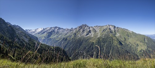 Wide view of a mountain panorama with green foreground under a clear sky, Hohe Tauern National