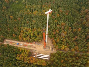 Aerial view of a construction site with a crane, surrounded by a dense forest with autumn tones,