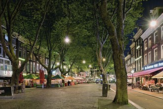 Thorbeckeplein square with many bars illuminated at night, Amsterdam, North Holland, Netherlands