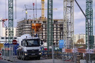 Construction sites in the east of Hafencity Hamburg, office building, new district on the Elbe, on