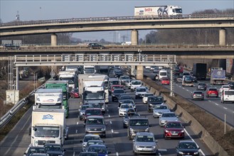 Traffic jam on the A3 motorway, at the Köln-Ost junction, heading south, four lanes jammed with