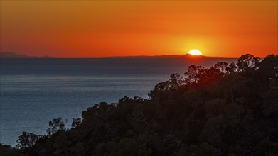 Sunset in the bay of Sant Antoni, Ibiza, Balearic Islands, Mediterranean Sea, Spain, Europe