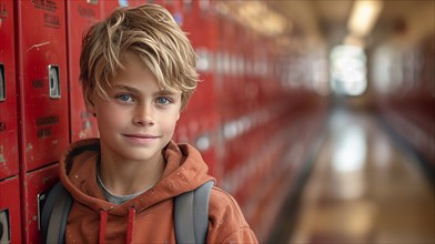 Cute caucasian school boy in the hallway of his school. generative AI, AI generated