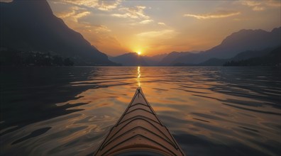 A kayak is in the lake with the sun setting in the background. Serenity and tranquility, AI