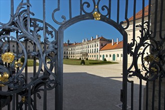 Wrought-iron gate at the entrance to Eszterhazy Castle, also known as Eszterháza Castle or Fertöd