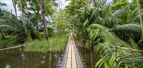 Man standing on a suspension bridge, Osa Peninsula, Punterenas Province, Costa Rica, Central