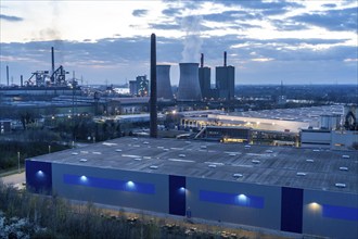 Logistics site, warehouse in Duisburg Wanheim, Angerhausen, in the background the HKM steelworks,