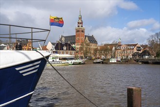 Skyline of the old town, on the Leda, town hall, museum harbour, old town houses, Leer, East