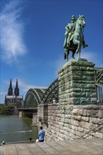 Cologne Cathedral, Hohenzollern Bridge railway bridge, equestrian statue of Kaiser Wilhelm I. Rhine