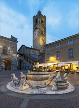 Fontana Contarini and Campanone tower, Piazza Vecchia, Citta alta, Bergamo, Italy, Europe