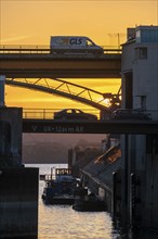 Road bridges over the outer harbour basin in the Rhine port of Duisburg, Am Brink, above,