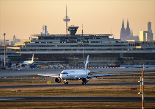 Eurowings Airbus landing at Cologne-Bonn Airport, North Rhine-Westphalia, Germany, Europe