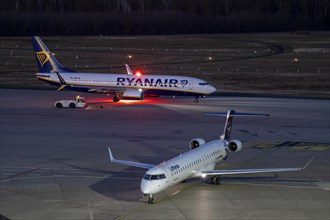 Ryanair and Lufthansa aircraft on the apron of Cologne-Bonn Airport, North Rhine-Westphalia,