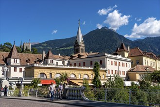 City view, skyline of Merano, river Passer, post bridge, South Tyrol, Italy, Europe