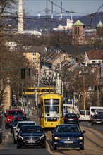 Ruhrbahn tram, city centre traffic, Hobeisenstrasse, in front, Martin-Luther-Strasse, in the