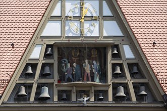 Glockenspiel with running figures at the Bürgerspital, inaugurated in 1956, Würzburg, Lower