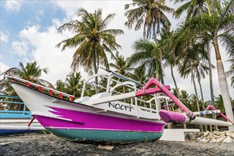 Fishing boat at Magsit beach in Sengiggi, boat, wooden boat, palm beach, travel, tourism,