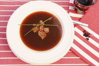 Southern German cuisine, oxtail soup with red pepper in a soup plate, bound soup, meat soup,