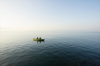 Boat and angler, Meersburg, Lake Constance, Baden-Württemberg, Germany, Europe