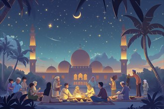 Essence of Ramadan, featuring people gathered and eating near a mosque under a starry night sky,