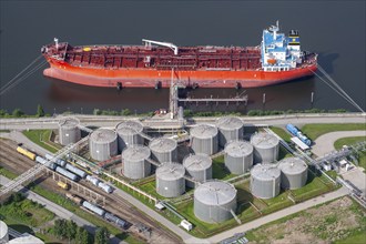 Aerial photo, oil tanker, chemical tanker, Astir Lady, tank farm, harbour, Elbe, Hamburg, Germany,