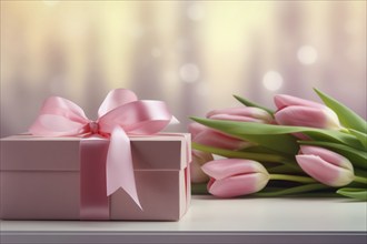 Gift Box with Pink Ribbon Beside bouquet of Fresh Tulips on Bokeh Background. Good for Valentine