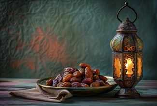 Ramadan lantern with a plate of succulent figs, set on an ornate table with intricate designs,