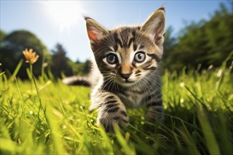 Playful Cute Kitten outdoors in Sunlit Grass. Kitten excitement and wonder as it explores the