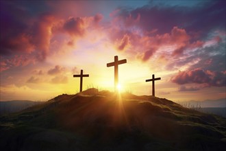 Easter concept three crosses on Golgotha Calvary hill against a dramatic sunset, AI generated