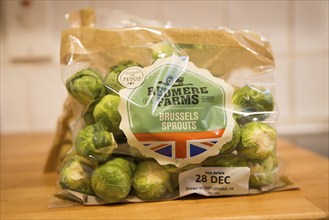 Wrapped pack brussels sprouts Tesco supermarket Redmere farms label, UK