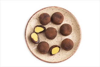 Japanese rice sweet buns chocolate mochi filled with cream isolated on white background. top view,