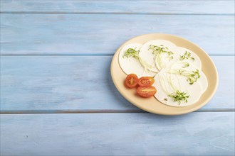 White cheese with tomatoes and cilantro microgreen on blue wooden background. side view, copy space