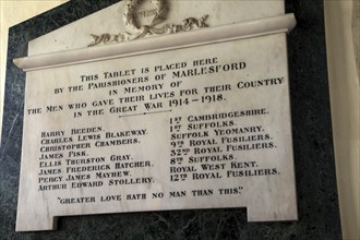 War memorial form the Great War 1914-1918 in Marlesford, church, Suffolk, England, UK