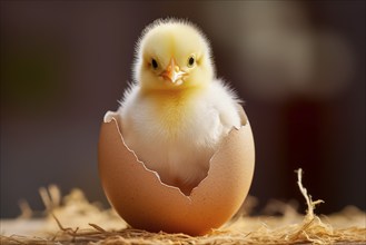 A close-up image capturing the moment a fluffy yellow chick emerges from its egg, showcasing the