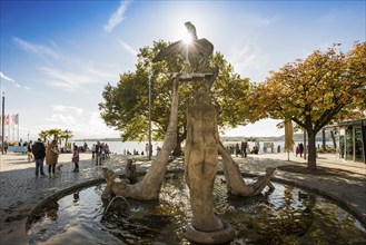 Fountain and lakeside promenade, the Lake Constance rider by Peter Lenk, Überlingen, Lake