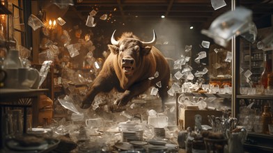 Very large bull with horns running through a China shop filled with glassware. generative AI, AI