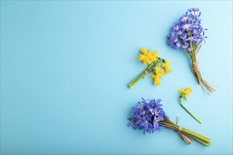 Spring snowdrop flowers bluebells, narcissus on blue pastel background. top view, flat lay, copy