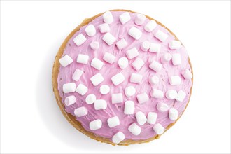 Homemade glazed and decorated pink easter pie isolated on a white background. top view, flat lay,