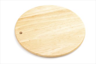 Wooden round cutting board isolated on white background. Side view, close up