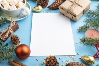 Christmas or New Year composition, template. Decorations, box, cinnamon, cones, fir and spruce