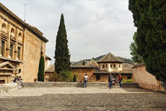 Nasrid Palaces, view of the Sala de los Abencerrajes in the Alhambra, tourists, Granada, Andalusia,