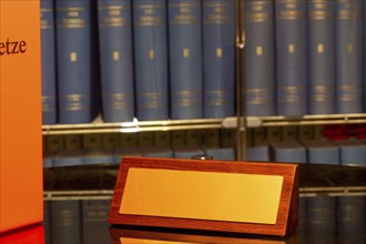 Brass sign with space for text in front of a large bookshelf