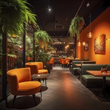 Stylish empty cannabis cafe interior in cozy modern design, AI generated